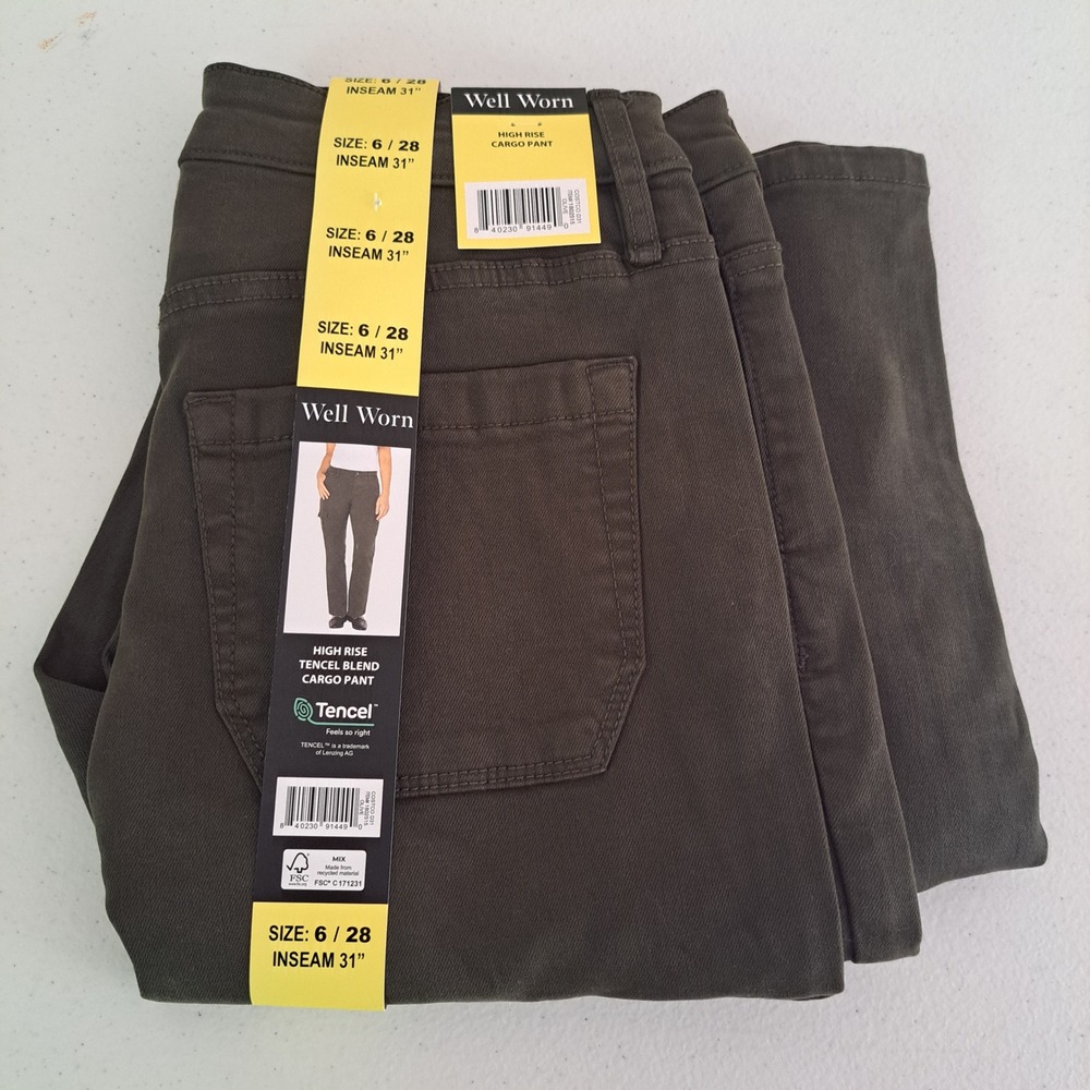 NWT Well Worn Ladies Tencel Blend High Rise Cargo Pant Olive 6/28 31" 1802515